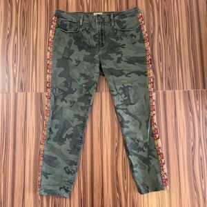 Driftwood Jackie Olive Camo Aztec Embroidery Pants Sz 28 Boho-Chic Festival